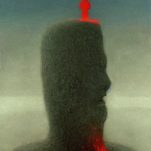 Image similar to a lonely man curled up with black smoke coming out of him, on a white snowy post apocalyptic field, surronded by floating red female heads, painting by beksinski