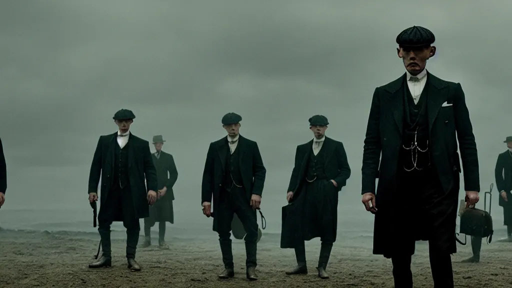 Image similar to the peaky blinders with shrimps instead of heads coming out of the ocean film still from the movie directed by denis villeneuve with art direction by zdzis