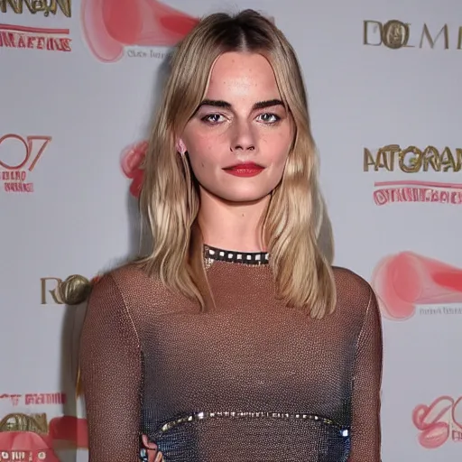 Image similar to a woman who is a genetic combination of margot robbie and emma watson face and upper - body focus