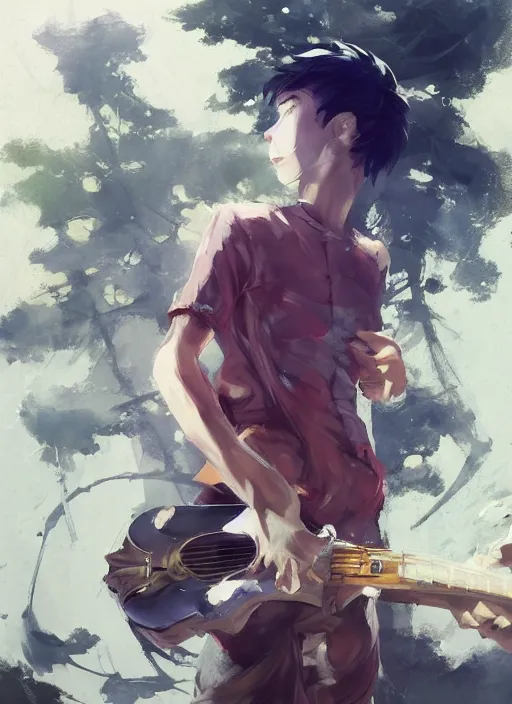 Prompt: semi reallistic gouache gesture painting, by miura kentaro, by ruan jia, by Conrad roset, by dofus online artists, detailed anime 3d portrait a boy playing music on a park, cgsociety, artstation, rococo mechanical, Digital reality, realistical, dieselpunk atmosphere, gesture drawn