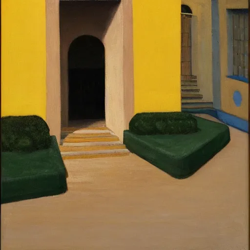 Image similar to a painting of a distant little girl with short black hair and wearing a yellow coat alone in the inner courtyard of an abbey by hopper and de chirico