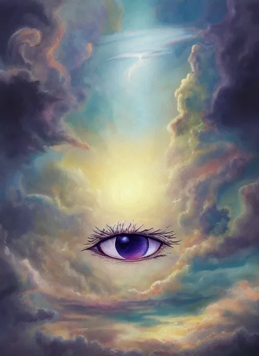 Prompt: a beautiful painting of a single all-knowing eye in a cloudy sky, fantasy art, matte painting, beautiful colors