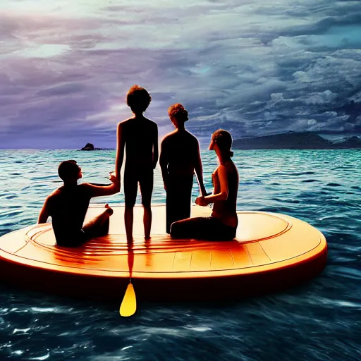 Image similar to four people stranded in the ocean on a wooden raft, ultra realistic, photorealism, 8 k, bokeh still from the movie