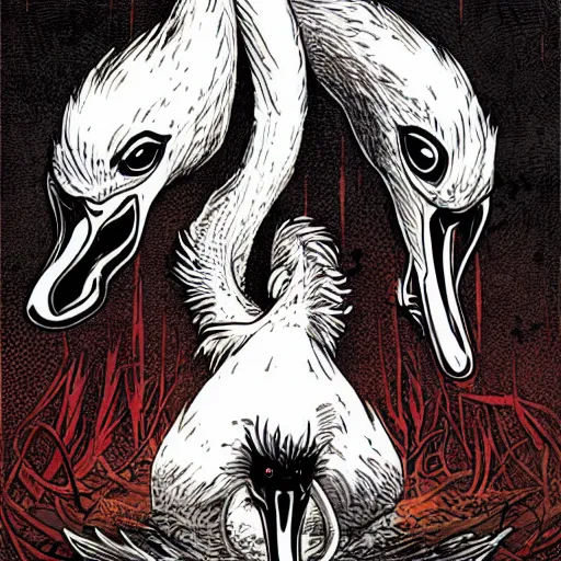 Image similar to evil swan, gritty horror illustration, highly detailed and disturbing