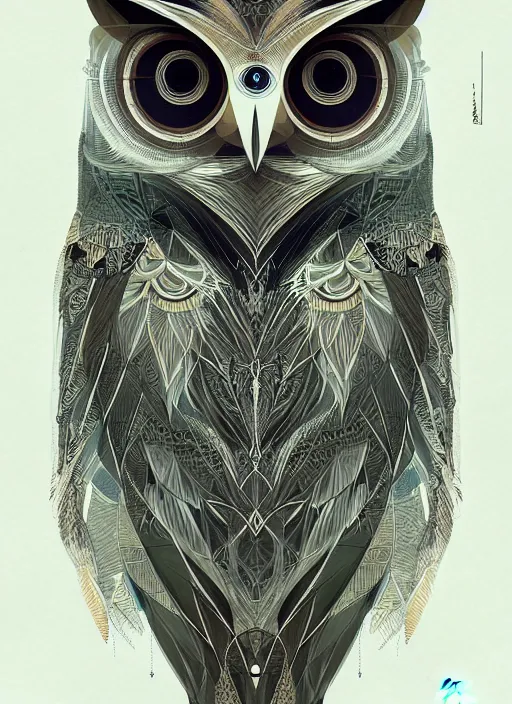 Image similar to portrait of a geometric owl, identical eyes, medium shot, illustration, full body made of white feathers, symmetrical, art stand, super detailed, cinematic lighting, and its detailed and intricate, gorgeous, by peter mohrbacher