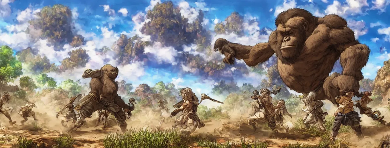 Prompt: a gigantic lanky gorilla throwing firstful of rocks at an incoming calvary. hyperrealistic anime background illustration by kim jung gi, colorful, extremely detailed intricate linework, smooth, super sharp focus, bright colors, high contrast, matte, octopath traveler, unreal engine 5 highly rendered, global illumination, radiant light