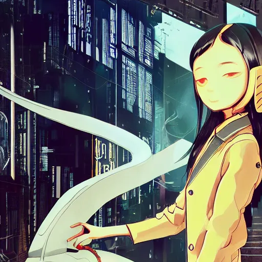 Image similar to Frequency indie album cover, luxury advertisement, yellow filter, white and gray colors. Clean and detailed post-cyberpunk sci-fi close-up schoolgirl in asian city in style of cytus and deemo, blue flame, relaxing, calm and mysterious vibes, by Tsutomu Nihei, by Yoshitoshi ABe, by Ilya Kuvshinov, by Greg Tocchini, nier:automata, set in half-life 2, Matrix, GITS, Blade Runner, Neotokyo Source, Syndicate(2012), dynamic composition, beautiful with eerie vibes, very inspirational, very stylish, with gradients, surrealistic, dystopia, postapocalyptic vibes, depth of field, mist, rich cinematic atmosphere, perfect digital art, mystical journey in strange world, beautiful dramatic dark moody tones and studio lighting, shadows, bastion game, arthouse