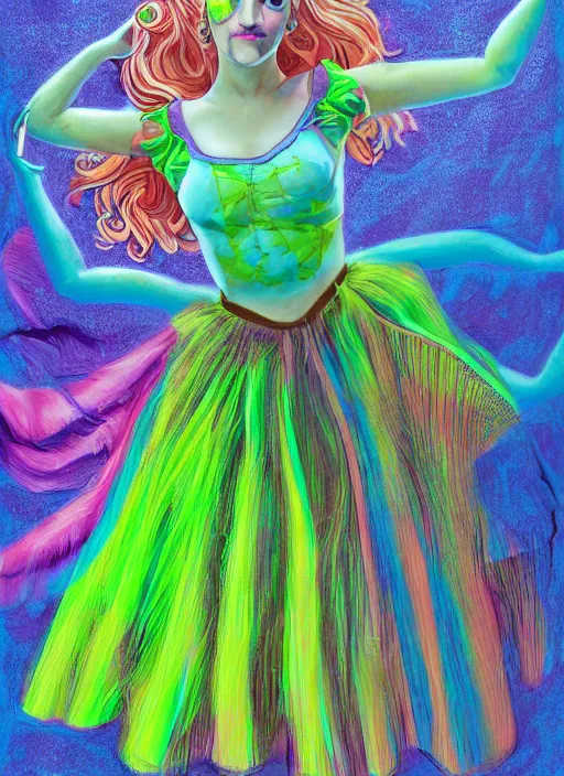 Image similar to surrealism psychedelic full body portrait sketch of evanna lynch as delirium of the endless in fishnet top and rainbow tutu skirt from the sandman, floating goldfish, green and blue eye heterochromia by alex ross, josh kirby, detailed, elegant, intricate