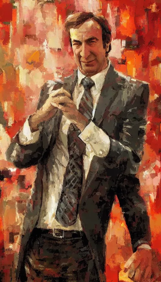 Prompt: promotional oil portrait of saul goodman by craig mullins