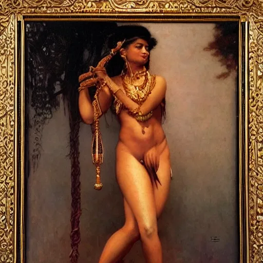 Image similar to detailed potrait 8 0 s srilankan girl with tatoos all over body in baroque style, girl graceful,, painting by gaston bussiere, craig mullins, j. c. leyendecker, lights, art by ernst haeckel, john william godward, hammershøi,,