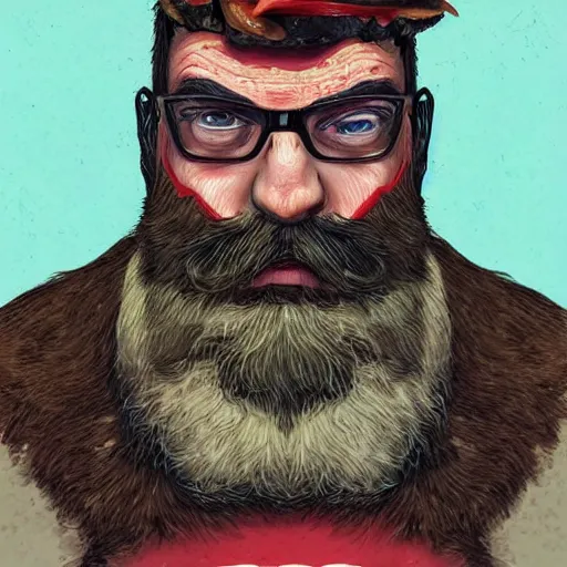 Image similar to beard man angry with italian burger, because theyre mixin salad with escargot, matte, symmetrical anatomy, hyperdetailed, digital art, baroque, pop punk art style, fantasy, full body pictures, without duplication, art by artgerm and ilya kuvshinov and vinicius gud and gustavo zambelli, intricate.