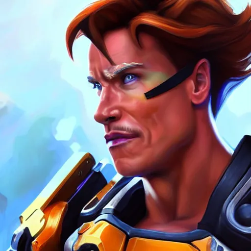 Image similar to a screenshot of arnold schwarzenegger as tracer in overwatch, portrait, fantasy, beautiful face, vivid colors, elegant, concept art, sharp focus, digital art, hyper - realistic, 4 k, unreal engine, highly detailed, hd, dramatic lighting by brom, trending on artstation