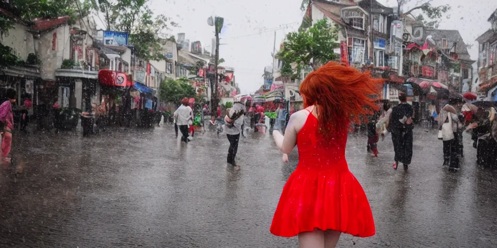 Image similar to a red - haired girl is dancing in an open - up street view of fairy town, raining, crowding.