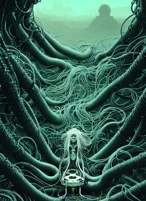 Image similar to highly detailed portrait of a biopunk long curly white hair tribal lady, stray wiring by atey ghailan, james gilleard, by joe fenton, by greg rutkowski, by greg tocchini, by kaethe butcher, 4 k resolution, gradient green, black and white color scheme!!! ( ( irradiated robotic mountain landscape background ) )