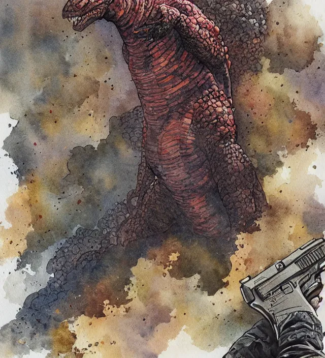 Image similar to a 3 / 4 view watercolor ink painting of godzilla with a glock in the style of jean giraud in the style of moebius trending on artstation deviantart pinterest detailed realistic hd 8 k high resolution