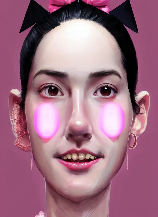 Image similar to portrait of high school girl, realistic, black hair, bangs, half updo hairstyle, pointy nose, skinny, smile, ugly, defined jawline, big chin, pink hair bow, earrings, intricate, elegant, glowing lights, highly detailed, digital painting, artstation, sharp focus, illustration, art by wlop, mars ravelo and greg rutkowski