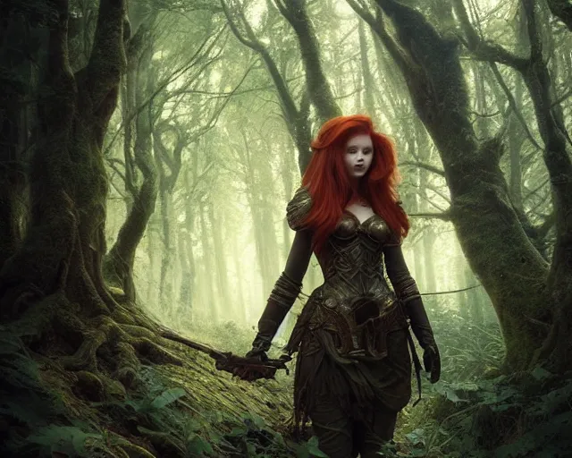 Image similar to 5 5 mm portrait photo of an armored gorgeous aesthetic redhead woman warrior, in a magical forest. fantasy atmosphere. art by greg rutkowski. highly detailed 8 k. intricate. lifelike. soft light. nikon d 8 5 0.