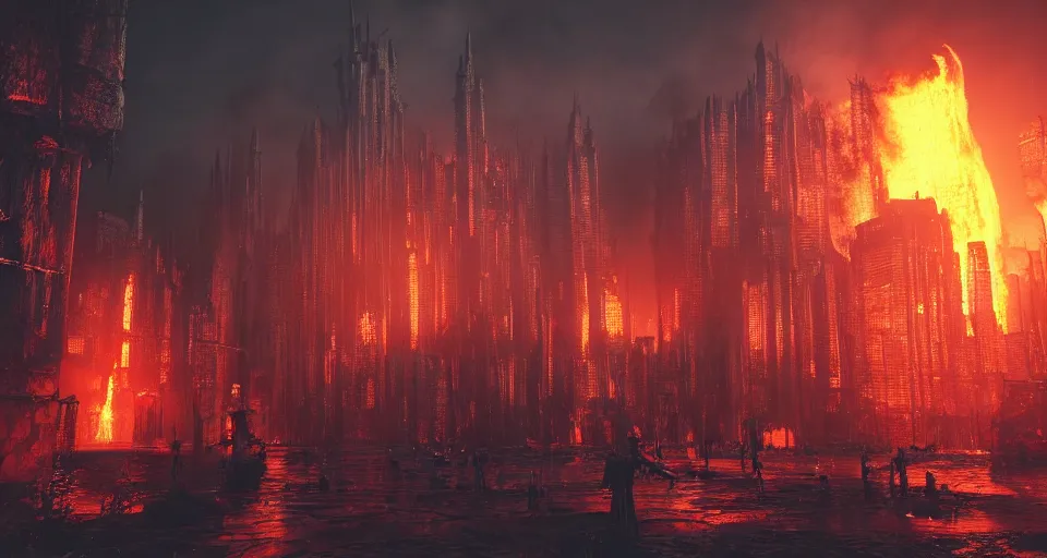 Prompt: a cyberpunk medieval gothic dark-ages city, rich contrast, fivr lava-twisters, feeling of grimdark and gothic horror, explosions and fire, hyperrealistic, octane render, unreal engine, Cryengine 8k UHD