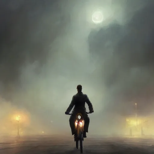 Prompt: cinematic shot epic portrait christopher eccleston riding a bicycle in the streets, atmospheric, cloudy, broad light, ambient occlusion, volumetric light effect, made by ivan aivazovsky, peter mohrbacher, greg rutkowski, ross tran, matte painting, trending on artstation, 4 k, perfectly defined features, digital painting, cinematic, epic, highly detailed,