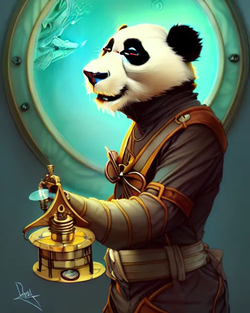 Image similar to don bluth, loish, artgerm, joshua middleton, steampunk, clockpunk anthropomorphic panda, full sailor suit, symmetrical eyes symmetrical face, colorful animation forest background