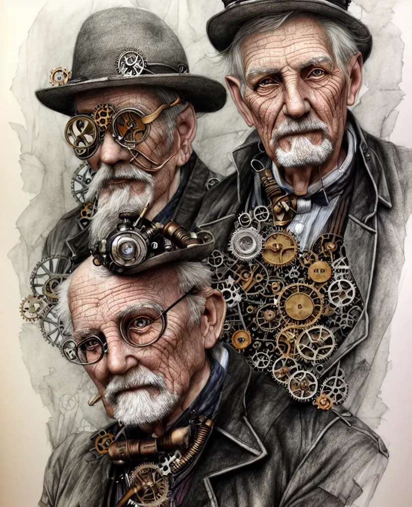 Image similar to hyper realistic full figure pencil drawing of an older man steampunk, water color, detailed, rim light, diffused, intricate, by anna dittmann,