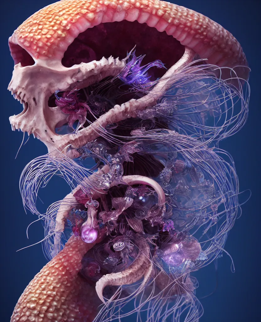 Image similar to goddess close-up portrait goat skull. jellyfish phoenix head, nautilus, orchid, skull, betta fish, bioluminiscent creatures, intricate artwork by Tooth Wu and wlop and beeple. octane render, trending on artstation, greg rutkowski very coherent symmetrical artwork. cinematic, hyper realism, high detail, octane render, 8k