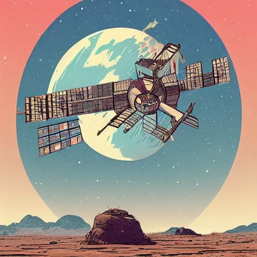 Image similar to very detailed, ilya kuvshinov, mcbess, rutkowski, illustration of a space station orbiting a desert planet