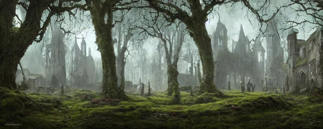 Image similar to a painting of a gothic medieval village in a mossy forest with giant trees, stunning intricate matte painting by senior environment artist, cgsociety, fantasy art