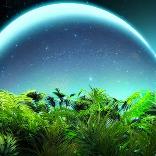 Image similar to an alien colorful planet into deep space, stunning bioma, bioluminescent vegetation, 8 k ray tracing render, ray tracing global light