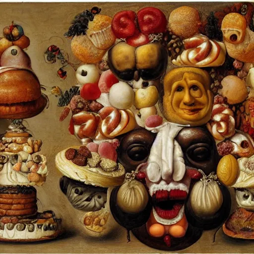 Image similar to a head made out of pastries and cakes by giuseppe arcimboldo, oil on canvas