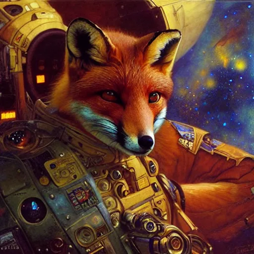 Image similar to portrait of a male fox wearing a space suit in a space ship. shadowrun furaffiniy cyberpunk fantasy highly detailed painting by gaston bussiere craig mullins jc leyendecker gustav klimt artgerm greg rutkowski john berkey, bergey, craig mullins, ruan jia, raymond swanland, jeremy mann, tom lovell, alex malveda