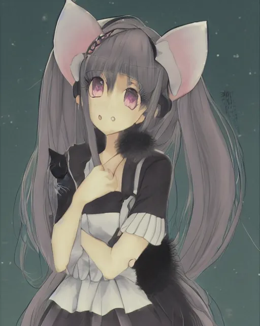 Prompt: a woman in a short dress with a cat ears on her head, a detailed drawing by kaburagi kiyokata, featured on pixiv, furry art, official art, anime, booru