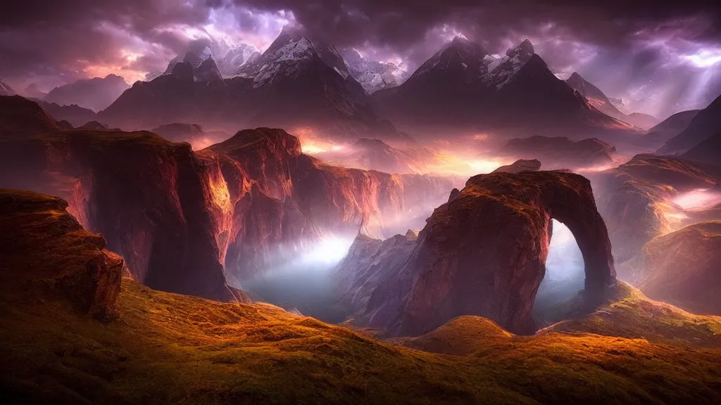 Image similar to amazing landscape photo of a fantasy world by marc adamus, beautiful dramatic lighting