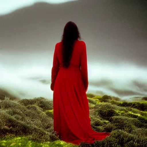 Image similar to dark and moody 1 9 7 0's artistic spaghetti western film in color, a woman in a giant billowy wide long flowing waving red dress, standing inside a green mossy irish rocky scenic landscape, crashing waves and sea foam, volumetric lighting, backlit, moody, atmospheric, fog, extremely windy