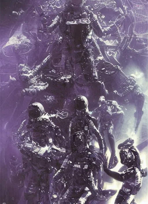 Image similar to astronauts divers in dark void underwater - complex and hyperdetailed technical suit design. reflection and dispersion materials. rays and dispersion of light. volumetric light. f / 3 2. noise film photo. flash photography. ultra realistic, 5 0 mm. poster by wayne barlowe, hajime sorayama aaron horkey, craig mullins