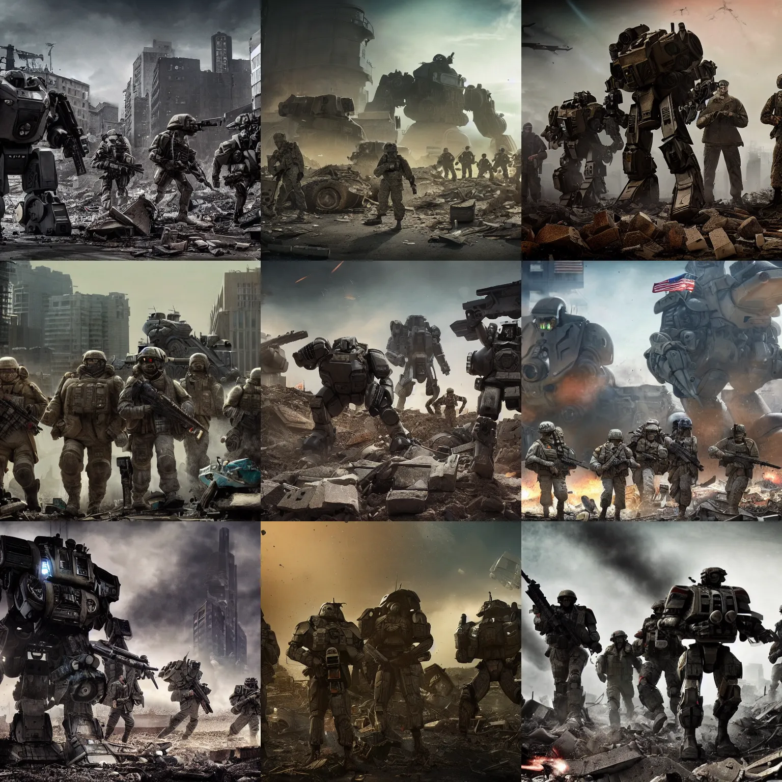 Prompt: a squad of American soldiers hiding among city rubble from alien mechs walking in the distance, cinematic lighting, photography, intense, gritty, harsh shadows