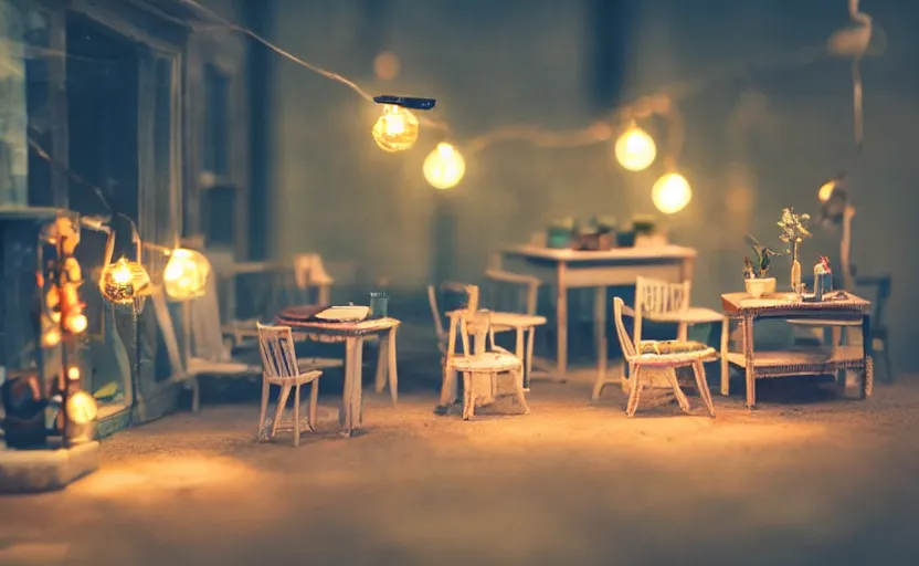 Prompt: mini cafe for mice diorama macro photography, ambient, atmospheric photograph, string lights