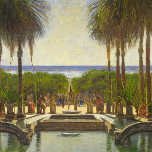 Prompt: a ultradetailed beautiful painting of a old fountain in the amazonas palace balustrade designed by jules bastien - lepage, tarsila do amaral, frank weston and gustave baumann, beach, trending on artstation, mediterranean, palm trees, sharp focus, soft light, 8 k 4 k