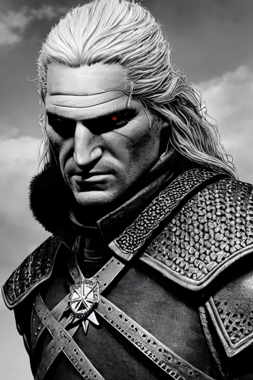 Image similar to portrait of geralt of rivia, 5 5 mm lens, professional photograph, black and white, times magazine, serious