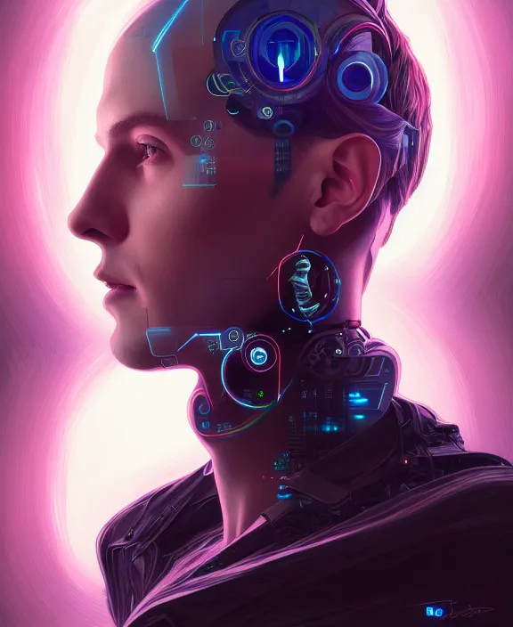 Image similar to a whirlwind inside the metaverse, guy, male, man, hologram, half body, neurochip, android, cyborg, cyberpunk face, by loish, d & d, fantasy, intricate, elegant, highly detailed, colorful, digital painting, artstation, concept art, art by artgerm and greg rutkowski and alphonse mucha