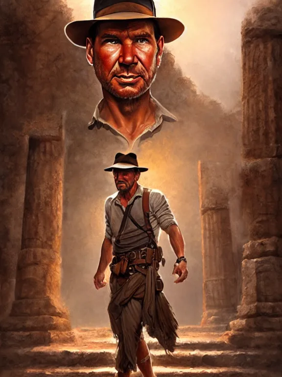 Prompt: indiana jones standing in front of an ancient temple, digital painting, extremely detailed, 4 k, intricate, brush strokes, mark arian, artgerm, bastien lecouffe - deharme