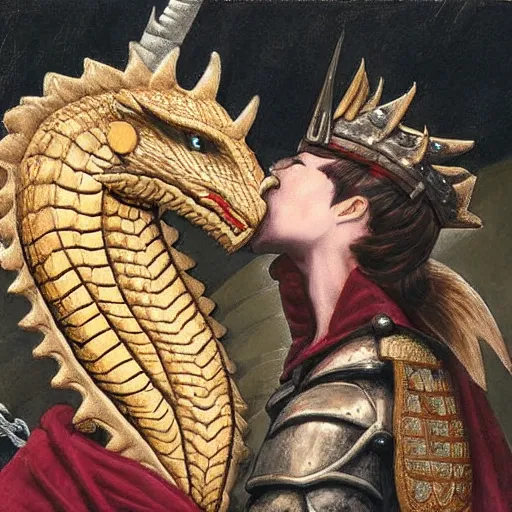 Image similar to a masculine male knight kissing a dragon.