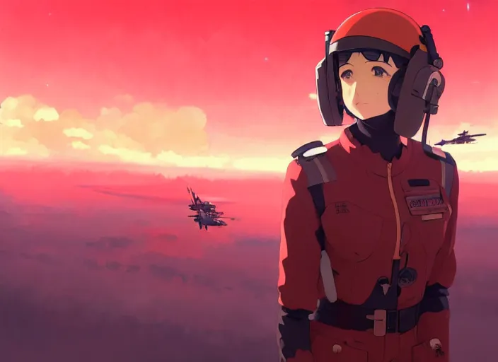 Prompt: portrait of pilot girl talking, red sky background, chaotic landscape, illustration concept art anime key visual trending pixiv fanbox by wlop and greg rutkowski and makoto shinkai and studio ghibli and kyoto animation, red body suit, military gear, handgun, red crow 1, grimdark