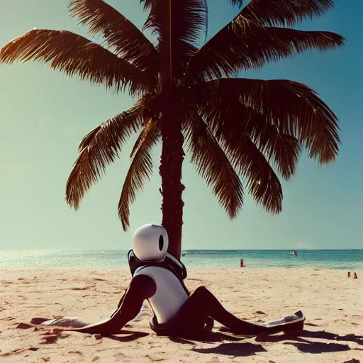 Image similar to a beautiful photo of an astronaut on the beach under a palm tree, summer sun, 1 9 7 0, soft light, morning light, photorealistic, realistic, octane, 8 k, cinematic shot