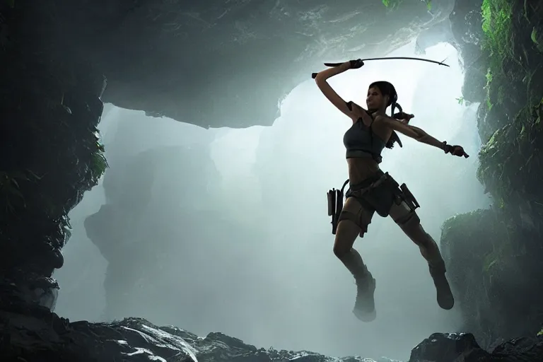 Image similar to Cinematography of Lara Croft discovering in a cave in the amazon jungle by Emmanuek Lubensky