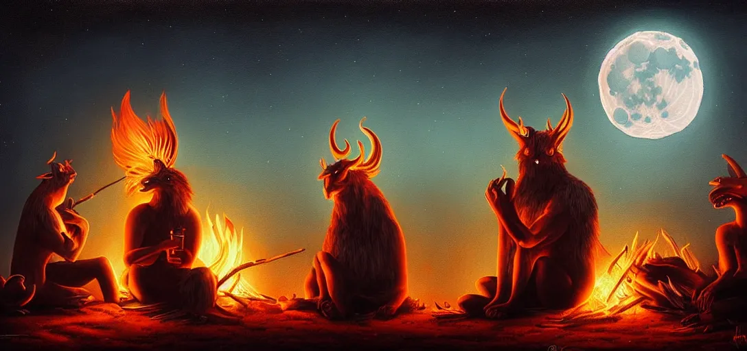 Image similar to strange mythical beasts of sitting around a fire under a full moon, surreal dark uncanny painting by ronny khalil