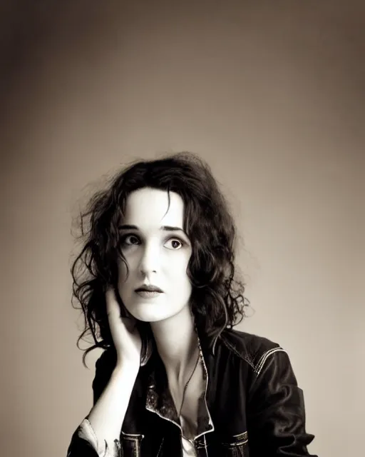 Prompt: headshot of young winona ryder, wearing a black bleather jacket, tom waits t - shirt and blue jeans with a belt, photoshoot in the style of annie leibovitz, soft focus, bokeh