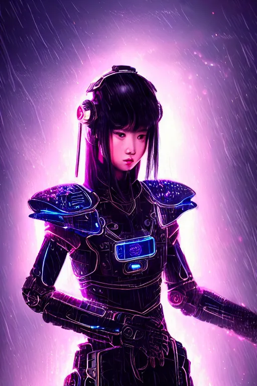 Image similar to portrait futuristic wuxia armor heroine Girl with thunder and fire sparkles and starlight, n future cyberpunk tokyo heavy rainning rooftop , ssci-fi, fantasy, intricate, very very beautiful, elegant, human structure, neon light, highly detailed, digital painting, artstation, concept art, smooth, sharp focus, illustration, art by tian zi and WLOP and alphonse mucha