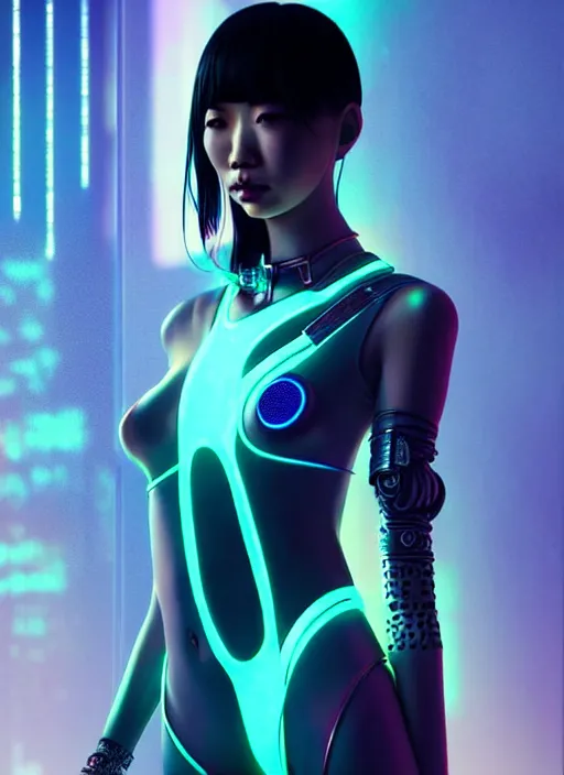 Image similar to sensual asian female humanoid with freckles, by loish, d & d, fantasy, cyber neon lighting, futurism, intricate futuristic jewelry accessories, cyberpunk glossy latex suit, profile posing, hyper photorealistic, digital photography, artstation, pinterest, concept art, art by pascal blanche and greg rutkowski,