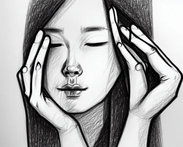 Image similar to draft drawing of a woman covering her face with her hands, a sketch by choro choi, thin stroke, trending on artstation, context art, pencil sketch, high detail